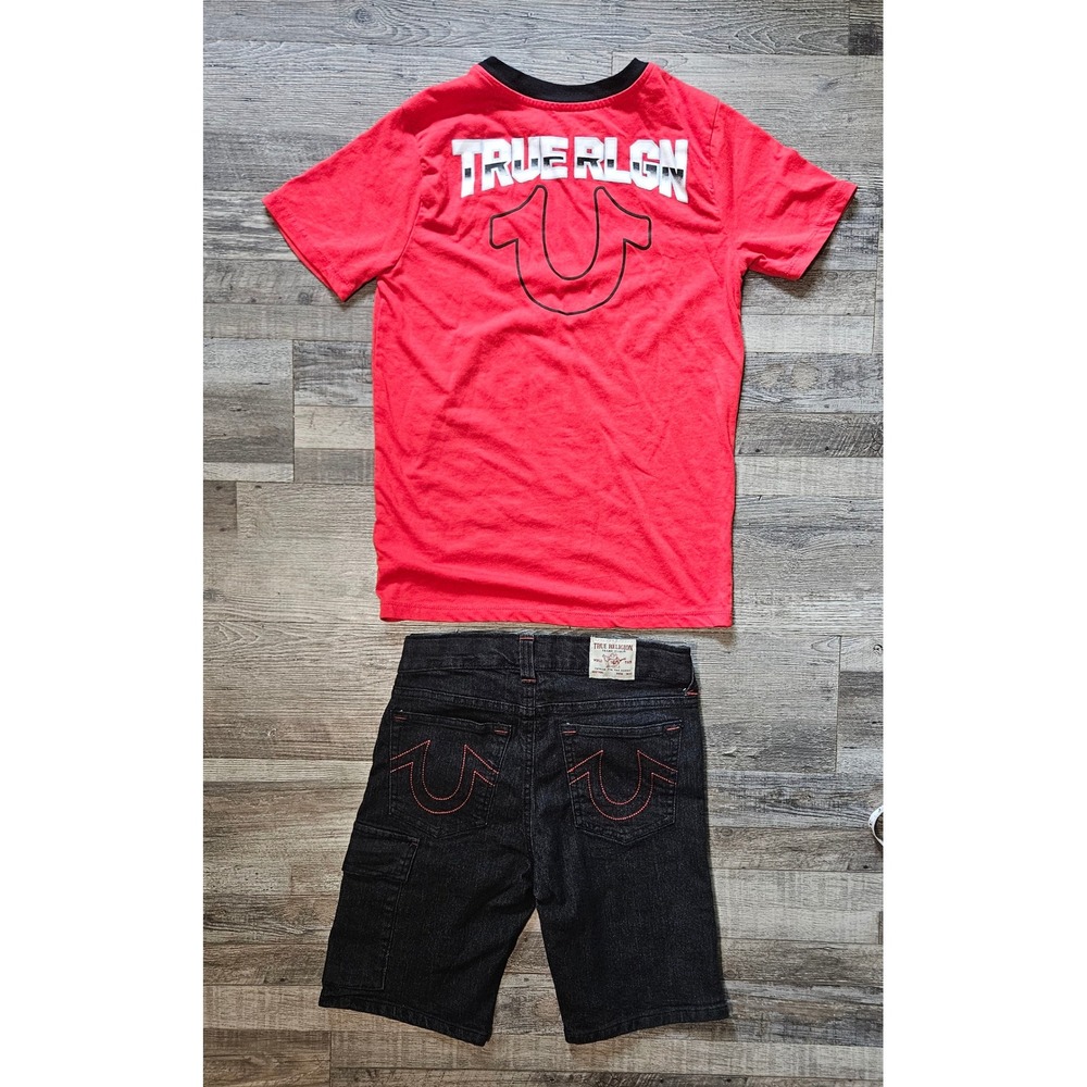 True Religion Boys Red Graphic Tee and Black Denim Cargo Shorts Set Size 12